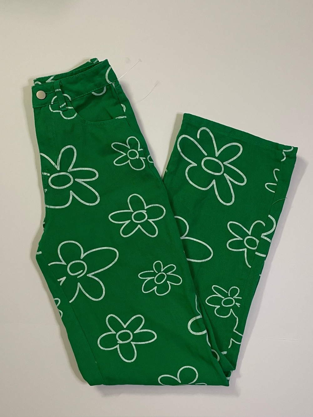 Bailey Rose Green Wide Leg Jeans with White Drawn Flowers size XS